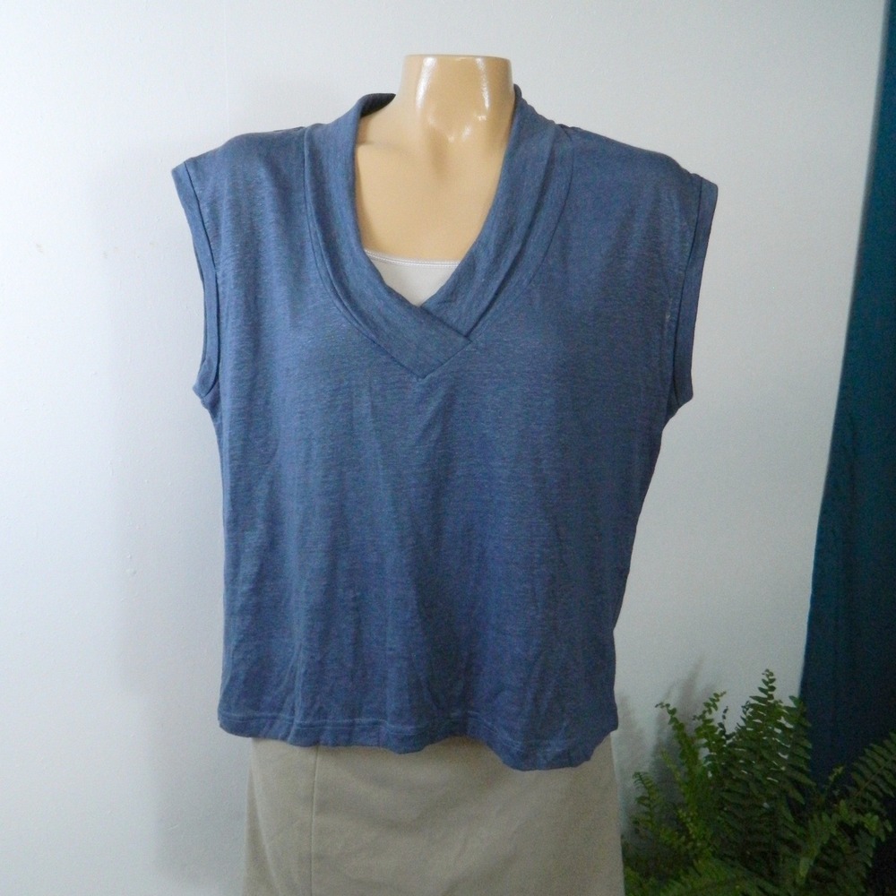 Poetry Linen V-Neck Sleeveless Top Womens Size 6 Blue Crossover Shawl Neck